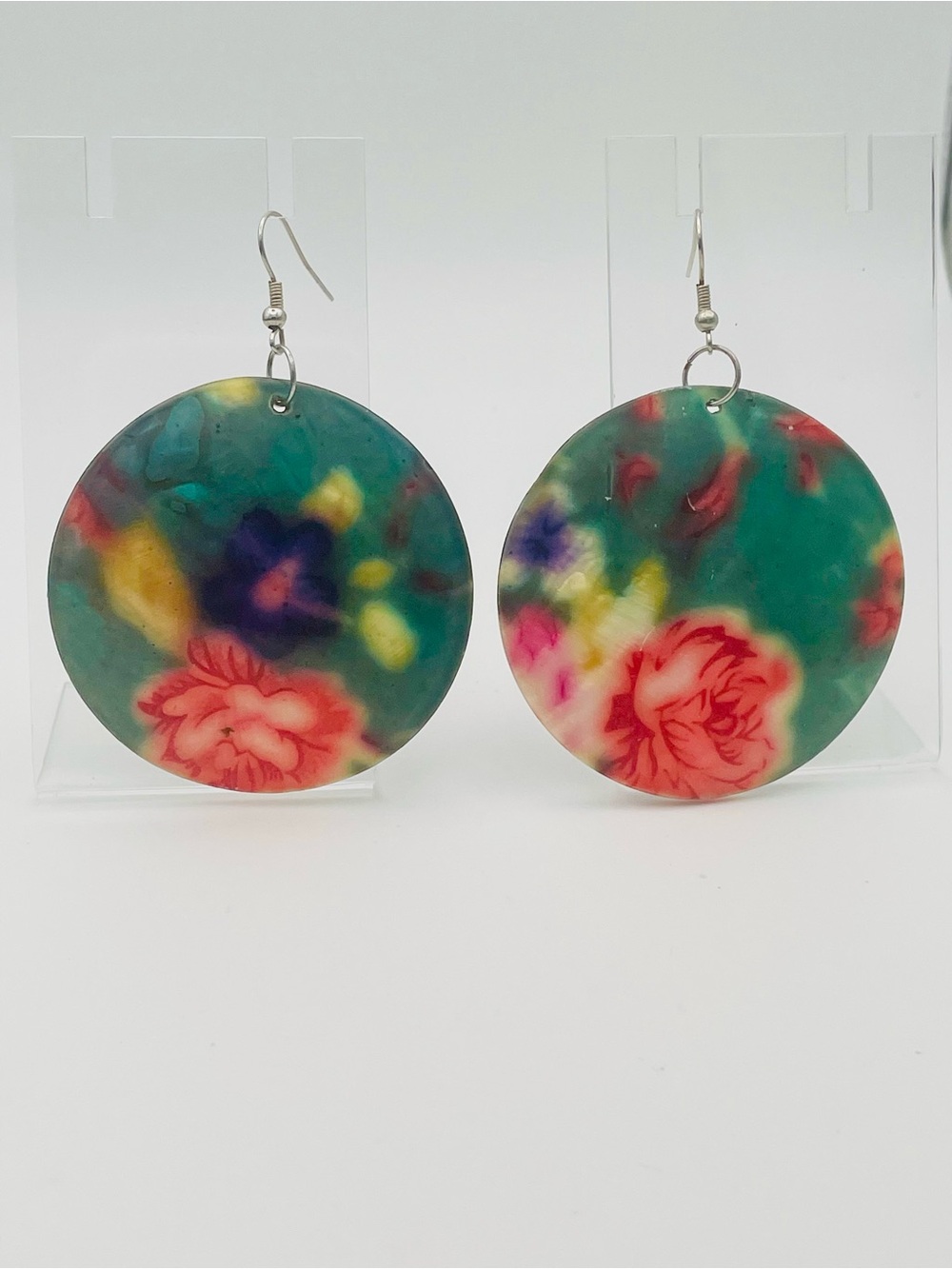 Hand painted Green Floral Large Round Shell Dangle Earrings. Red & Pink Flowers